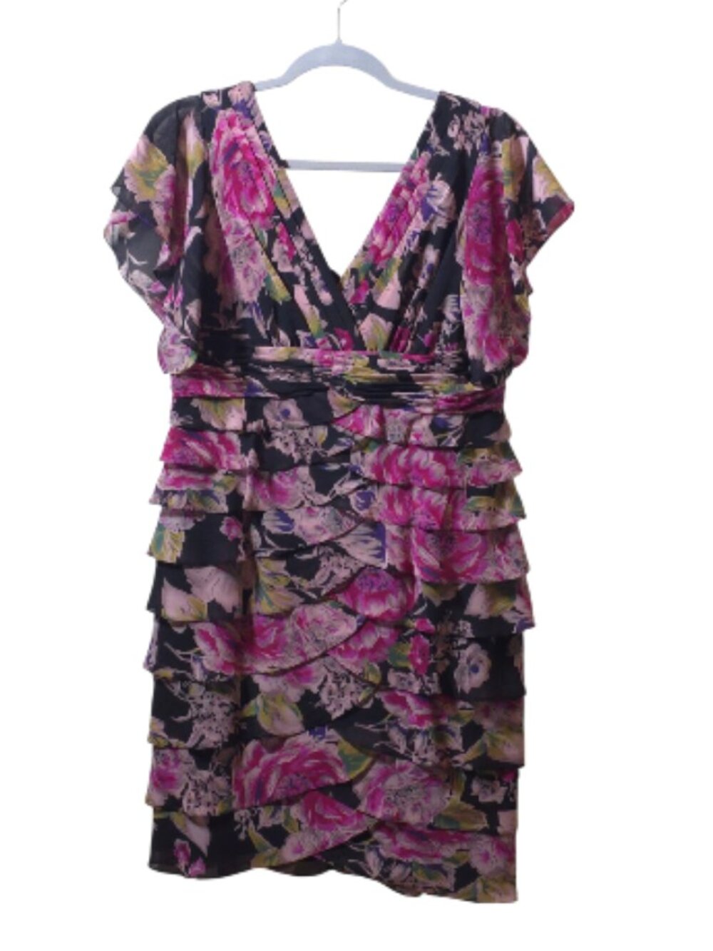 Adrianna Papell Petite Floral Ruffle Cocktail Dress 12P Black Pink Wedding Guest